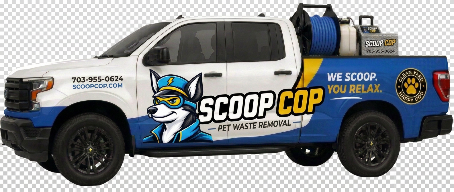 The Scoop Cop service truck — branded pet waste removal vehicle for Northern Virginia