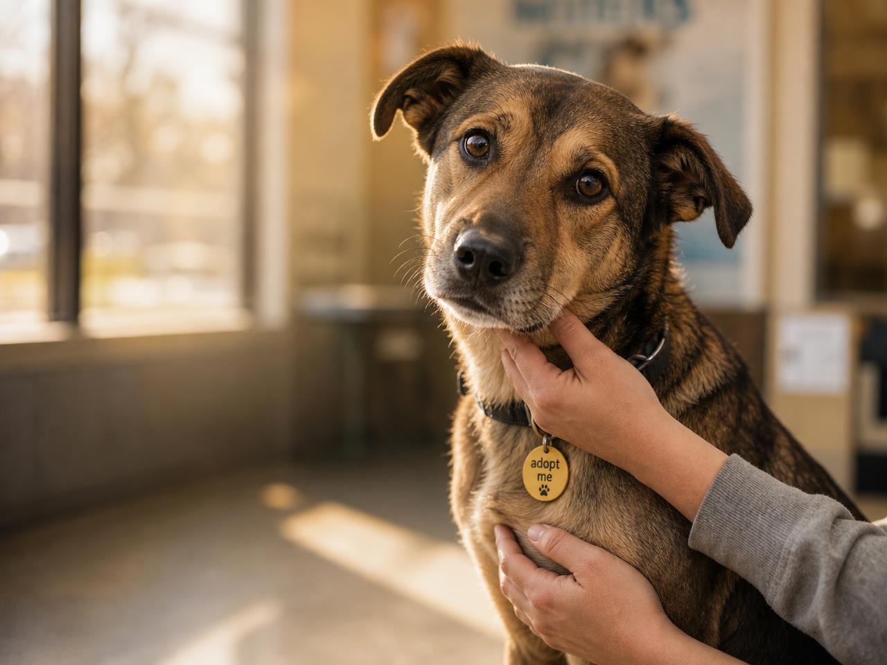 A shelter dog held gently by a volunteer in warm light at Fairfax County Animal Shelter