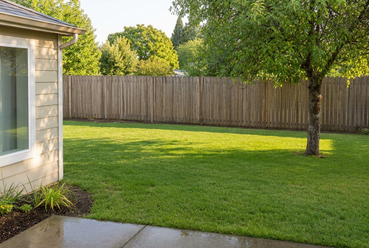 Backyard lawn completely clean after a SCOOP COP pet waste removal visit